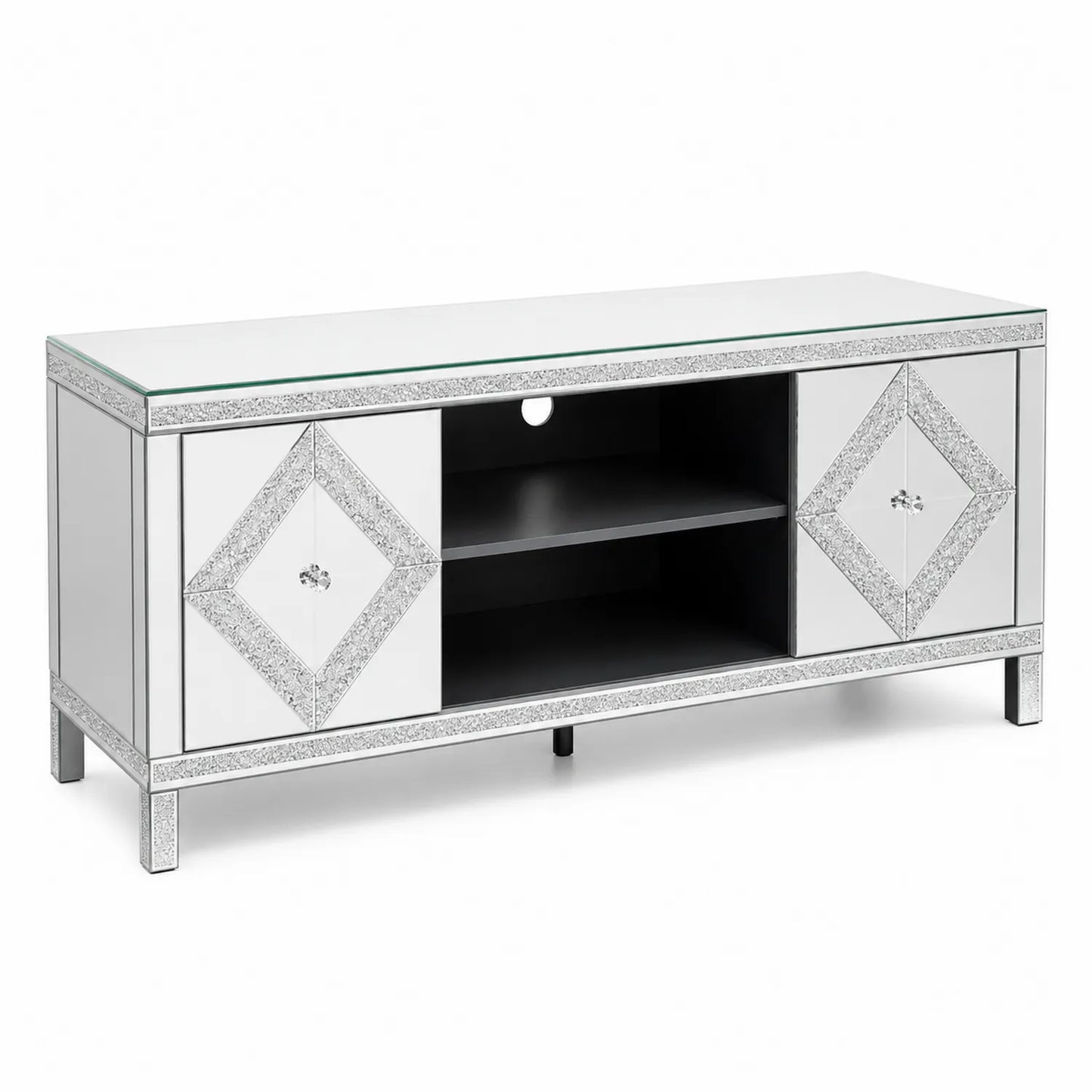 TV-Schrank aus Spiegelglas mit Glitzerverzierung, 2 Türen, 1 Regal, 120 cm