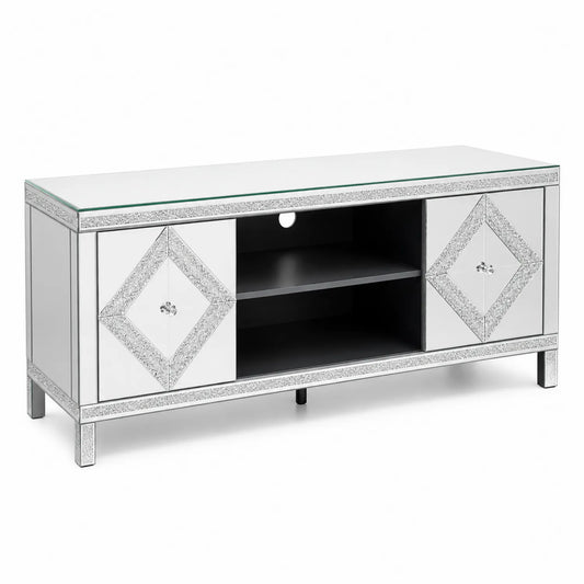 TV-Schrank aus Spiegelglas mit Glitzerverzierung, 2 Türen, 1 Regal, 120 cm
