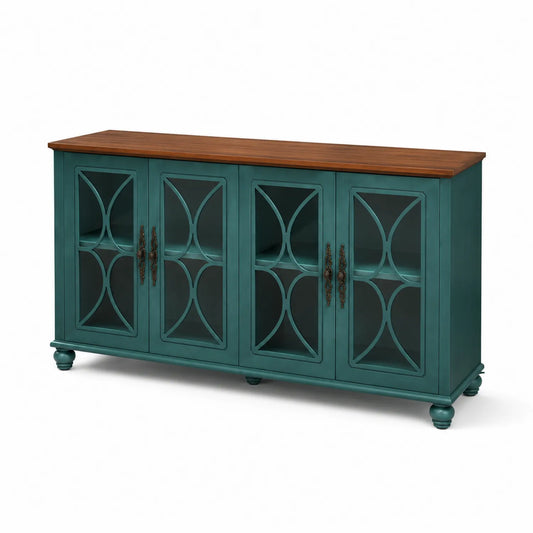 Holz Sideboard mit Glas in Grün und Naturholz 75 x 150 x 45 cm