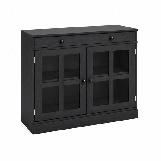 Schwarzes Holz-Sideboard mit Glastüren und Schublade 90x35x80 cm