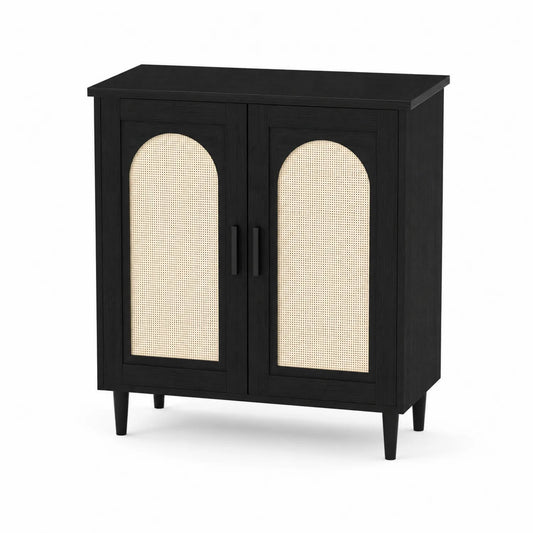 Schwarzes Holzsideboard mit Rattangeflecht-Türen
