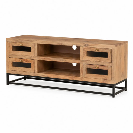 TV-Tisch aus Massivholz und Metall mit Sicherheitsglas